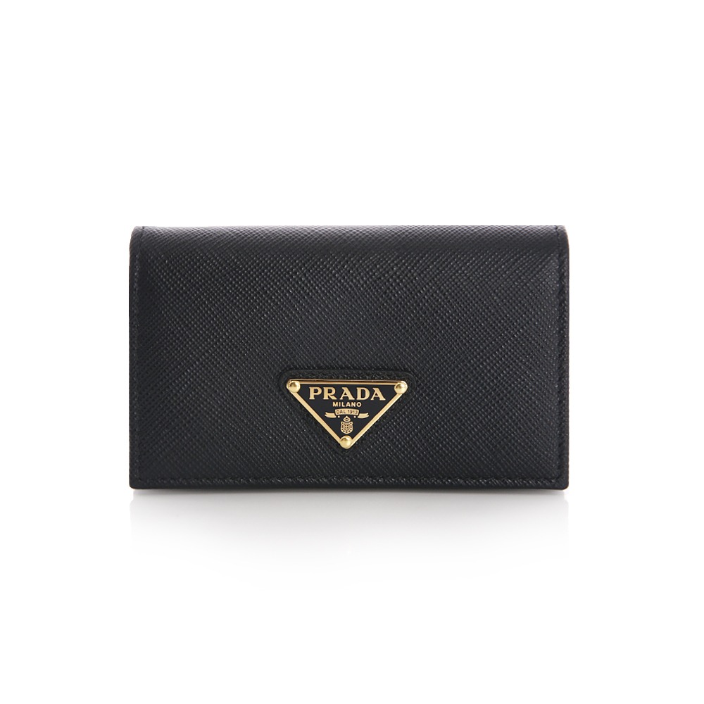 23S / Sプラダ三角ロゴフラップ女性ブラックカード財布